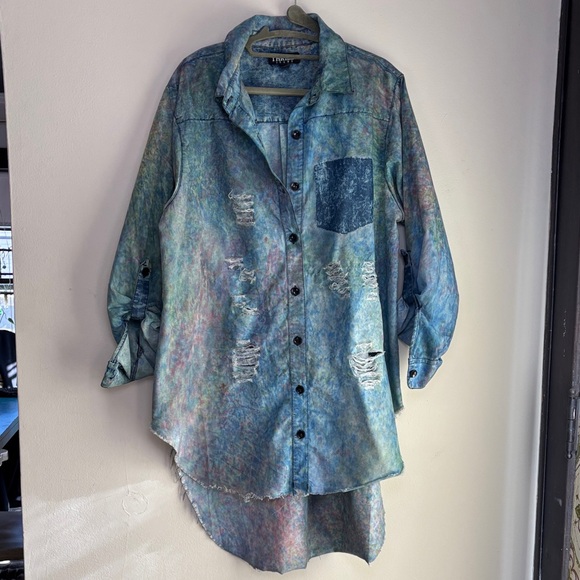 Thrill Tops - Thrill brand Oversized Tunic button-down Torn Shirt